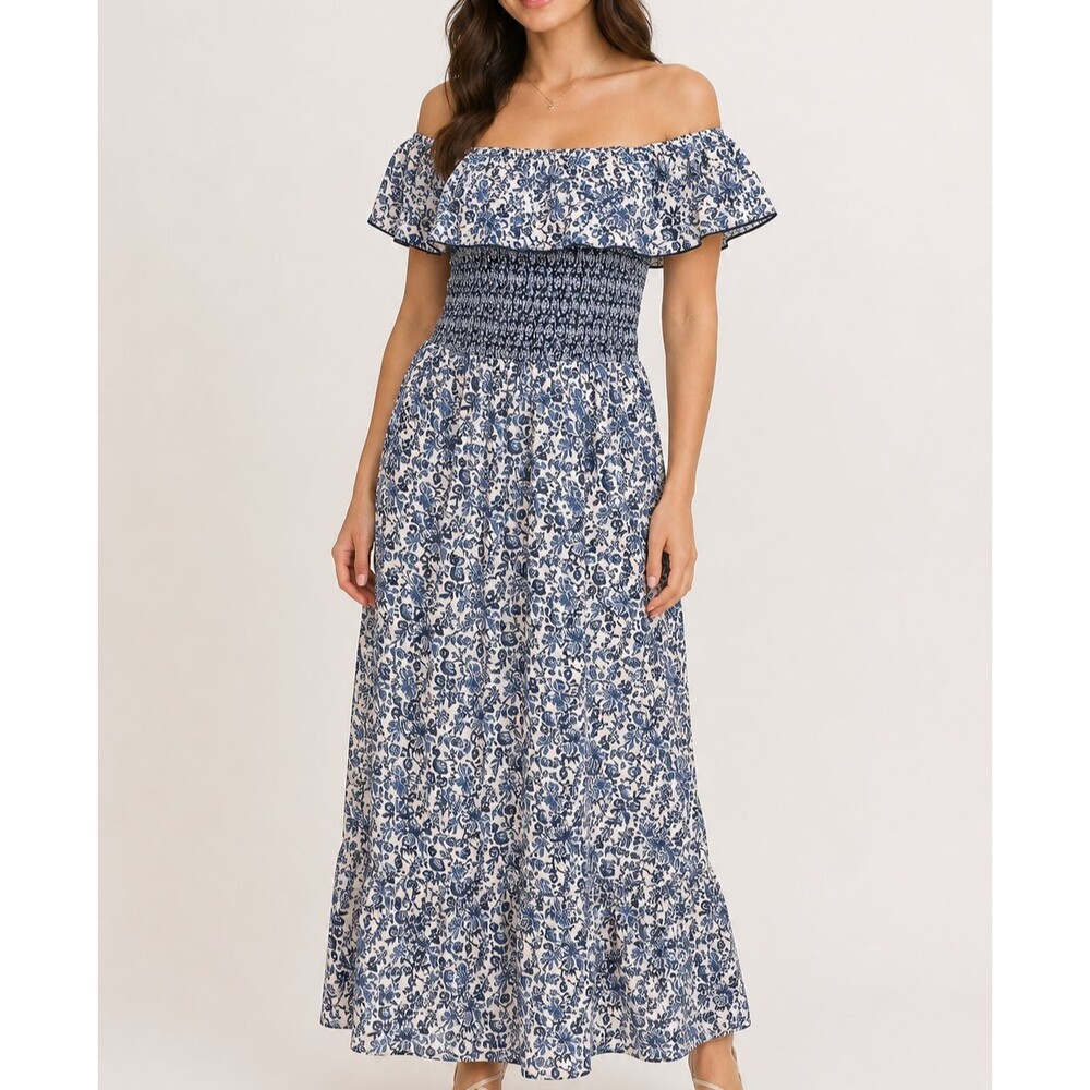 Zara Blue Floral Smocked Maxi Dress Size M Off Shoulder Cottagecore Romantic